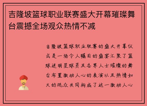 吉隆坡篮球职业联赛盛大开幕璀璨舞台震撼全场观众热情不减