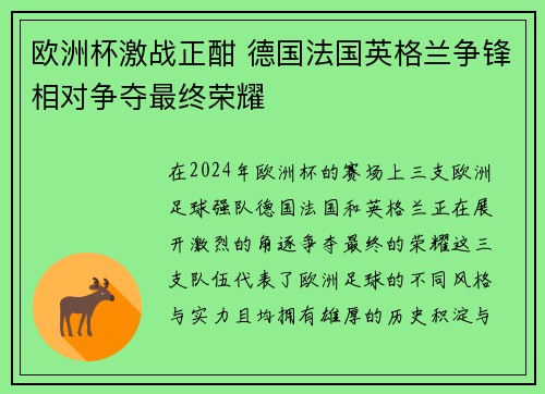 欧洲杯激战正酣 德国法国英格兰争锋相对争夺最终荣耀