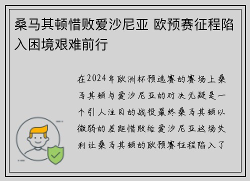 桑马其顿惜败爱沙尼亚 欧预赛征程陷入困境艰难前行