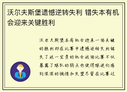 沃尔夫斯堡遗憾逆转失利 错失本有机会迎来关键胜利