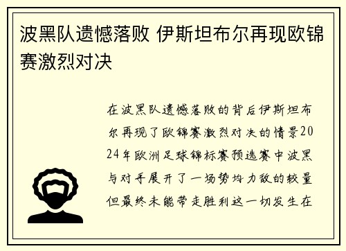 波黑队遗憾落败 伊斯坦布尔再现欧锦赛激烈对决
