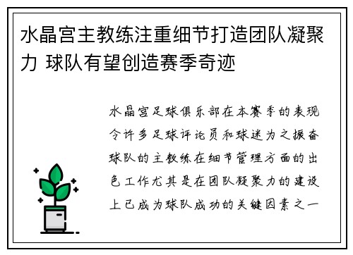 水晶宫主教练注重细节打造团队凝聚力 球队有望创造赛季奇迹