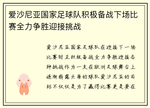 爱沙尼亚国家足球队积极备战下场比赛全力争胜迎接挑战
