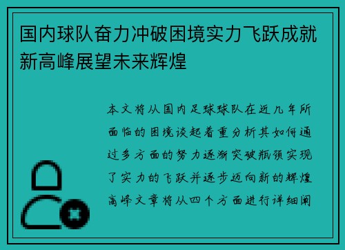 国内球队奋力冲破困境实力飞跃成就新高峰展望未来辉煌