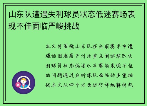 山东队遭遇失利球员状态低迷赛场表现不佳面临严峻挑战