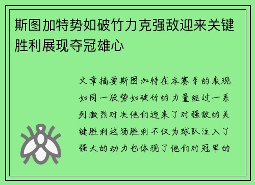 斯图加特势如破竹力克强敌迎来关键胜利展现夺冠雄心