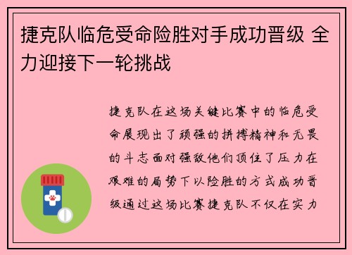 捷克队临危受命险胜对手成功晋级 全力迎接下一轮挑战
