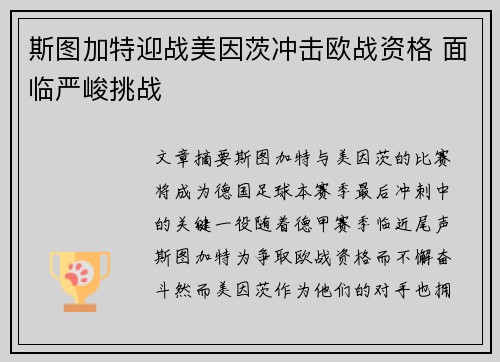 斯图加特迎战美因茨冲击欧战资格 面临严峻挑战