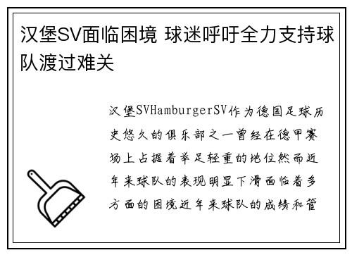 汉堡SV面临困境 球迷呼吁全力支持球队渡过难关