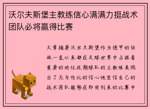 沃尔夫斯堡主教练信心满满力挺战术团队必将赢得比赛