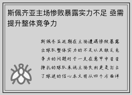斯佩齐亚主场惨败暴露实力不足 亟需提升整体竞争力