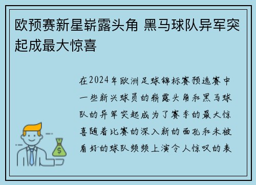 欧预赛新星崭露头角 黑马球队异军突起成最大惊喜