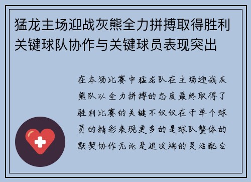 猛龙主场迎战灰熊全力拼搏取得胜利关键球队协作与关键球员表现突出